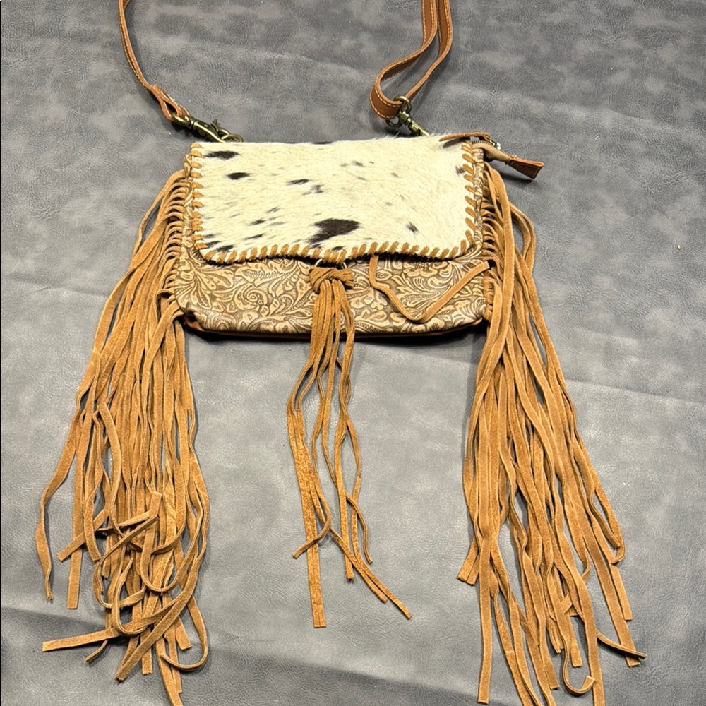 Fringed Tan and White Leather Crossbody Bag